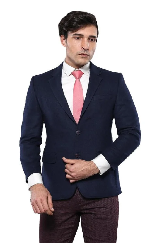 4 Drop Wool Navy Blue Men Blazer - Wessi