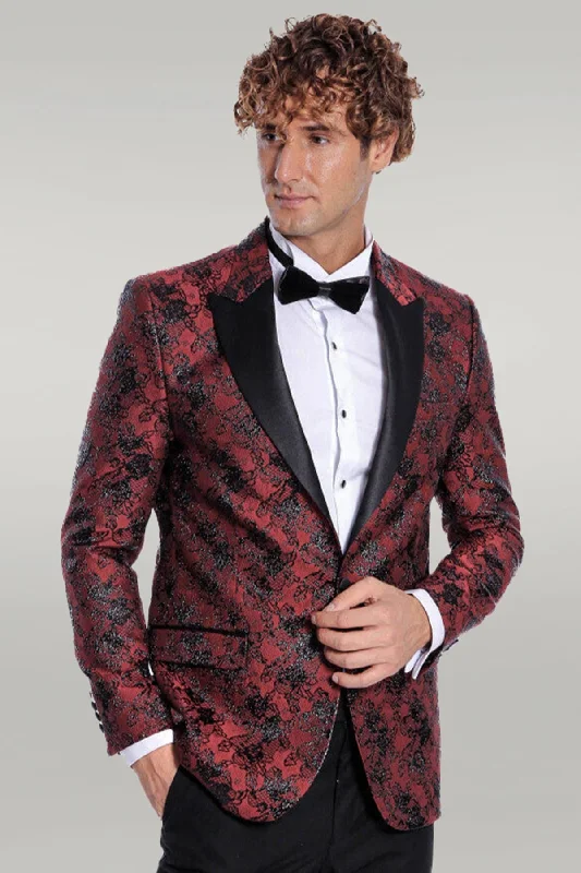 Floral Patterned Slim Fit Burgundy Men Evening  Dinner Blazer - Wessi