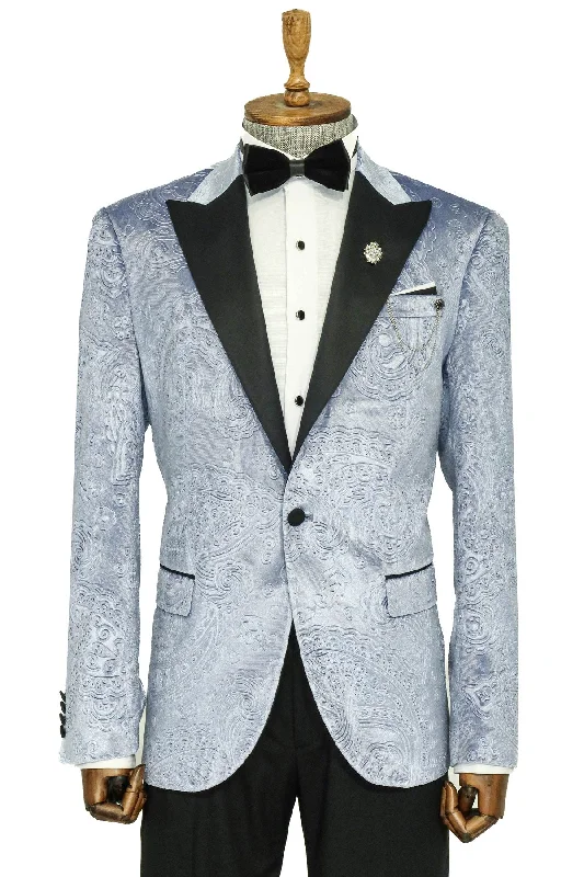 Floral Patterned Velvet Blue Men Wedding Grooms Blazer - Wessi