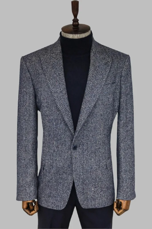 Houndstooth Pattern Wool Blue Men Blazer - Wessi