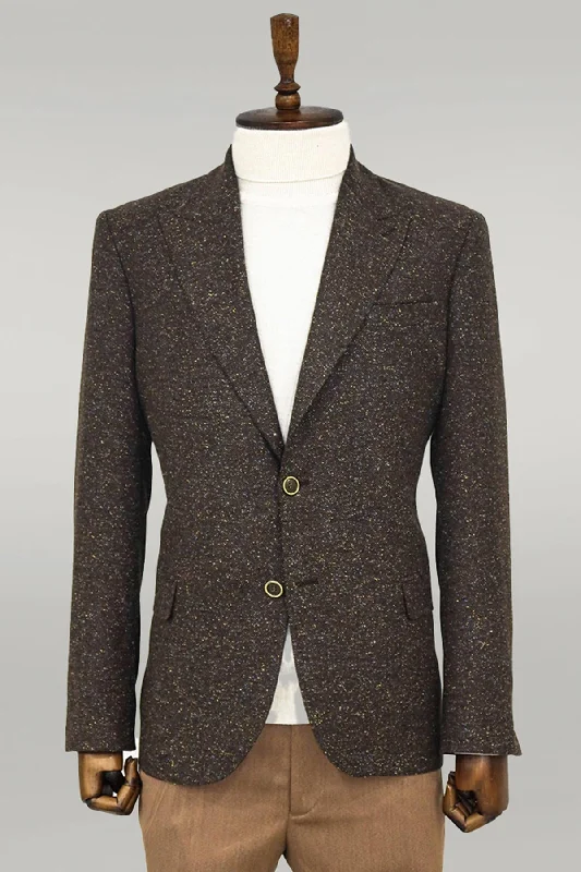 Houndstooth Pattern Wool Brown Men Blazer - Wessi