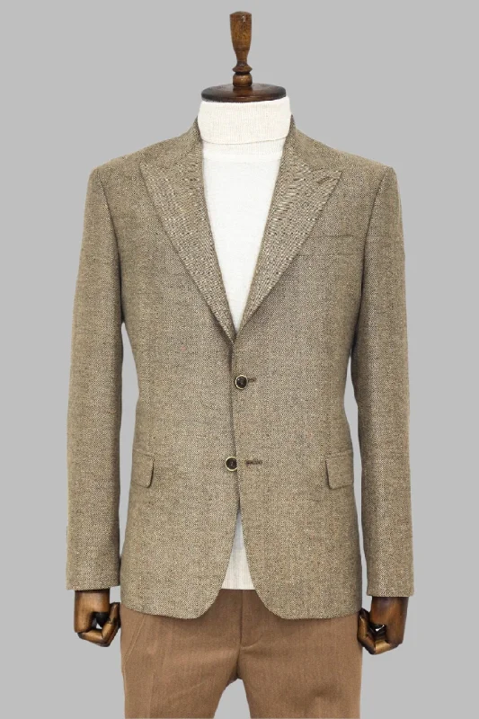 Houndstooth Pattern Wool Cream Men Blazer - Wessi