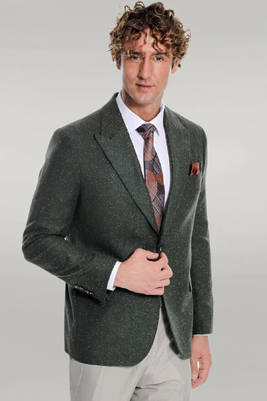 Houndstooth Pattern Wool Green Men Blazer - Wessi