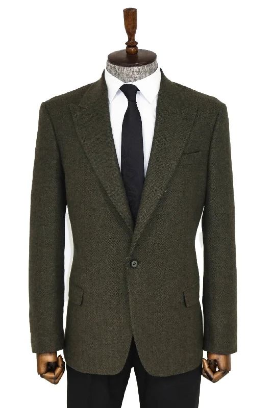 Houndstooth Wool Dark Green Men Blazer - Wessi