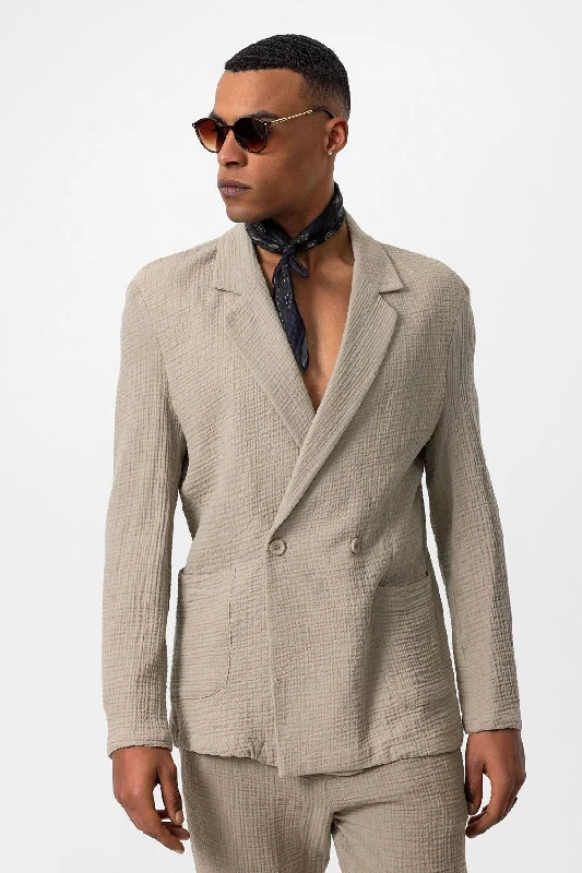 Men's Beige Double-Breasted Plain Blazer - Wessi