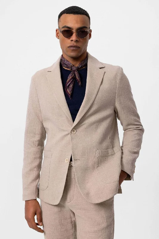 Men's  Beige Plain Pocketed Blazer Jacket - Wessi