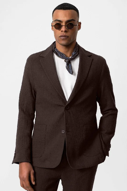 Men's Brown Plain Pocketed Blazer Jacket - Wessi