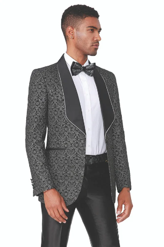 Men's Fancy Square Lapel Paisley Brocade Tuxedo Blazer in Black