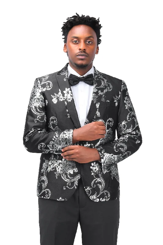 Men's Floral Suit Jacket Printed Blazer Black