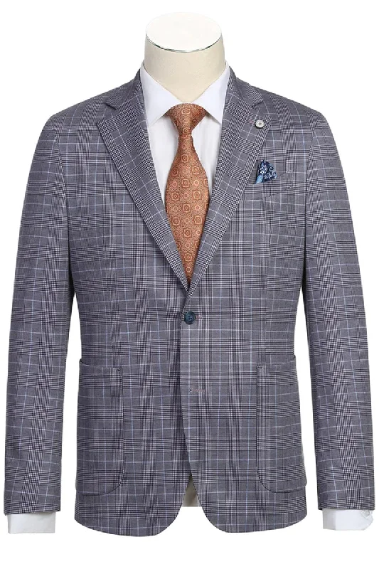 Mens Half Canvas Unconstructed Sport Coat Blazer in Grey Blue Windowpane Plaid