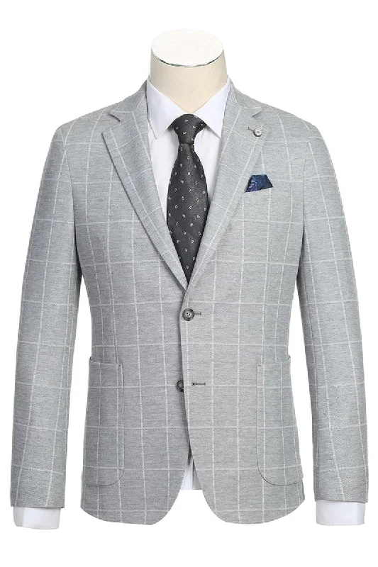 Mens Half Canvas Unconstructed Sport Coat Blazer in Light Grey & White Windowpane Plaid