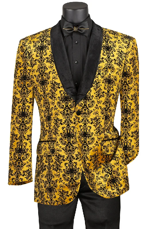 Mens Jaquard Pattern Prom Dinner Jacket with Velvet Shawl Lapel in Gold