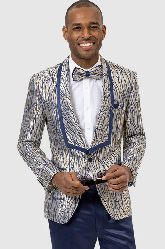 Mens Modern Square Shawl Prom Tuxedo Dinner Jacket in Blue & Gold Waves