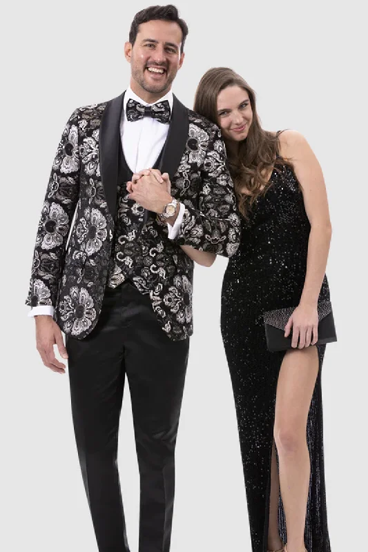 Mens Modern Vested White, Gold & Black Paisley Prom Tuxedo.