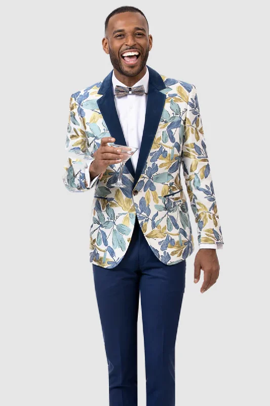 Mens One Button Floral Pattern Tuxedo Dinner Jacket with Navy Velvet Lapel