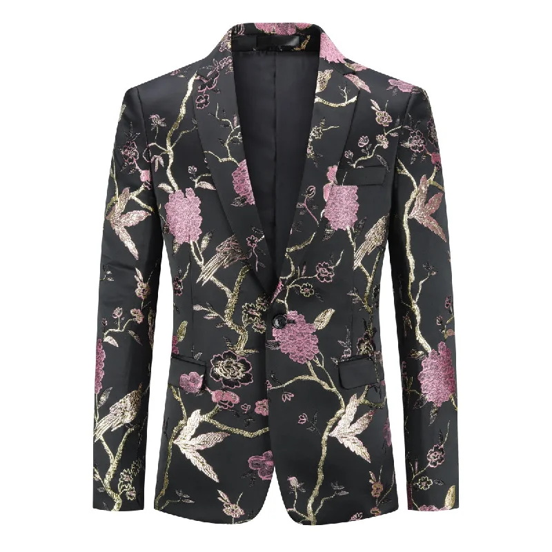 Men's One Button Notched Lapel Embroidered Blazer Pink