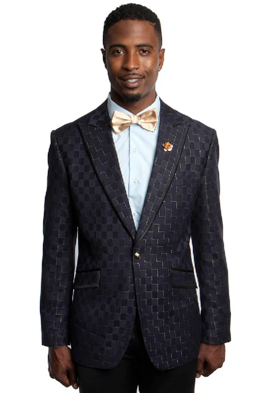 Men's One Button Peak Lapel Navy & Gold Square Print Blazer