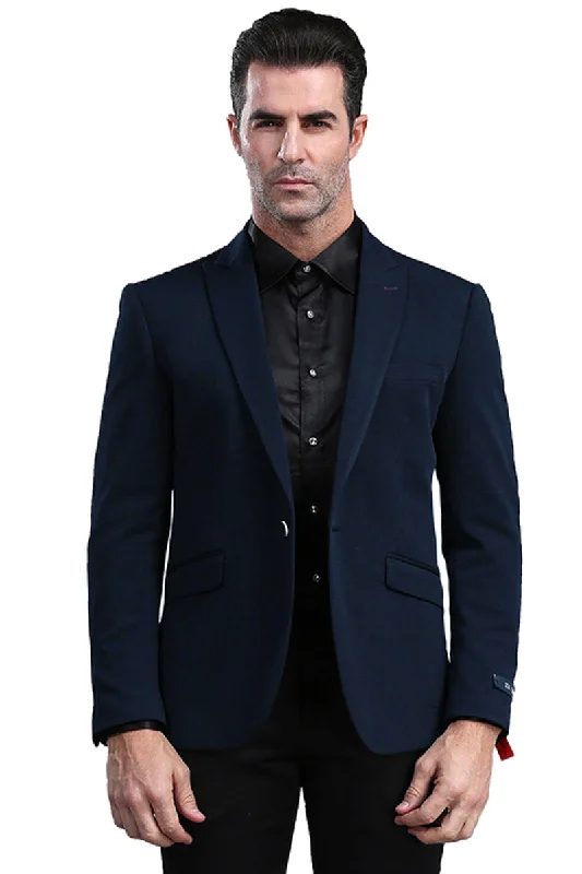 Men's One Button Peak Lapel Skinny Fit Blazer in Navy Blue