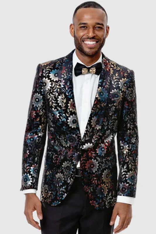 Mens One Button Shawl Floral Embelished Shawl Tuxedo Blazer