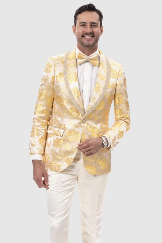 Mens One Button Shiny Sharkskin Paisley Prom Tuxedo Blazer in Yellow Gold