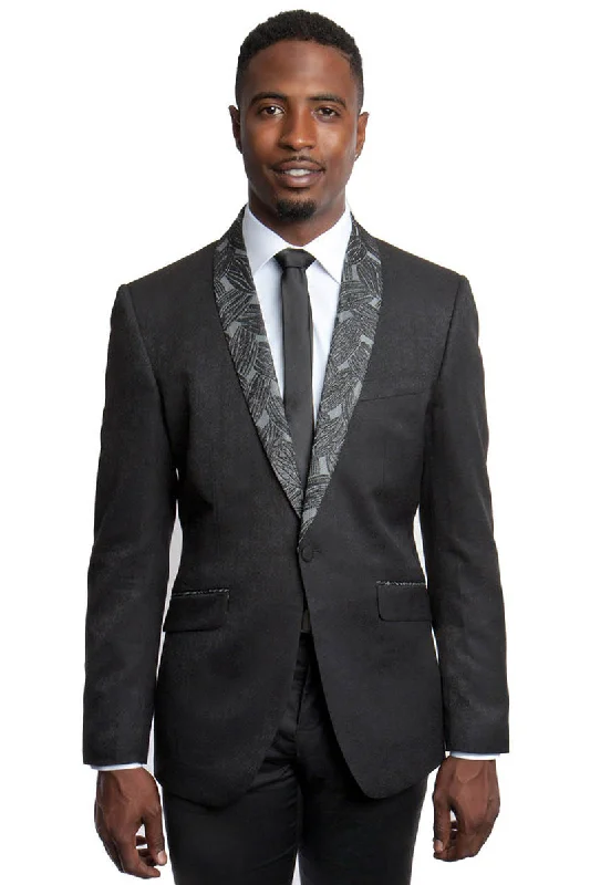 Men's One Button Slim Fit Dinner Jacket in Black with Monochromatic Leaf Pattern Lapel