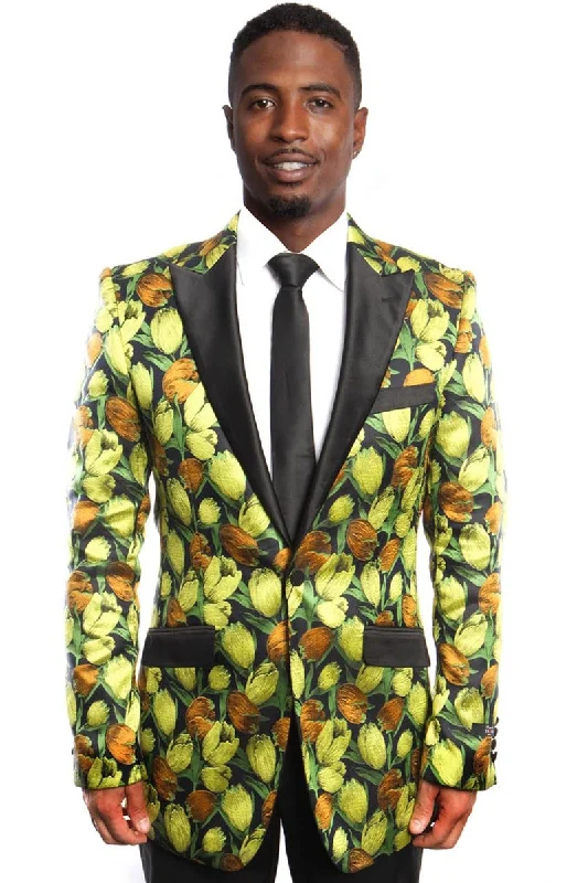 Men's One Button Tulip Floral Print Tuxedo Jacket in Blue