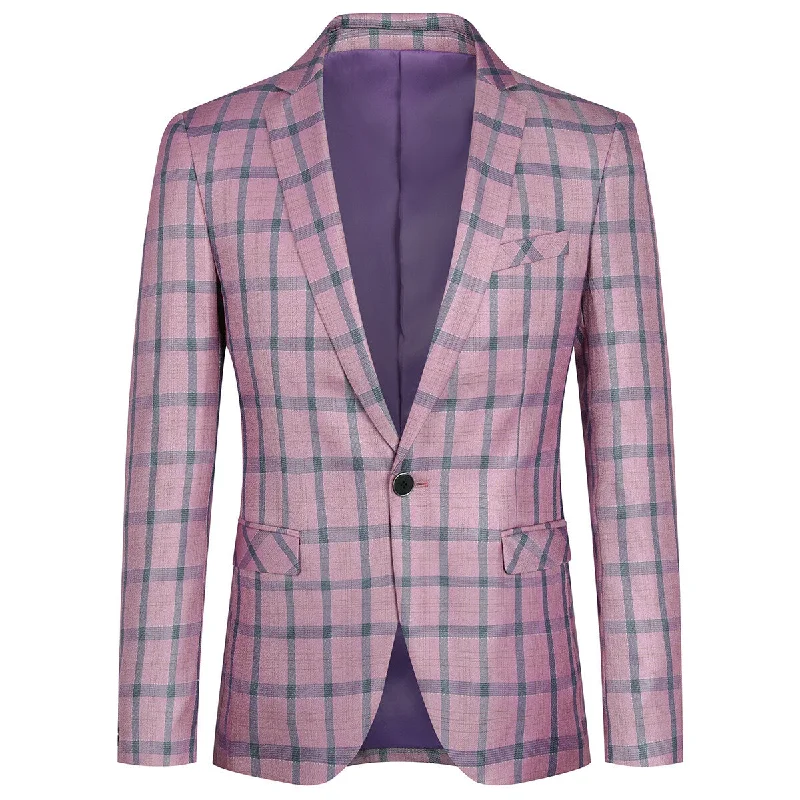 Mens Plaid Suit Blazer Slim Wedding Prom Jacket Purple