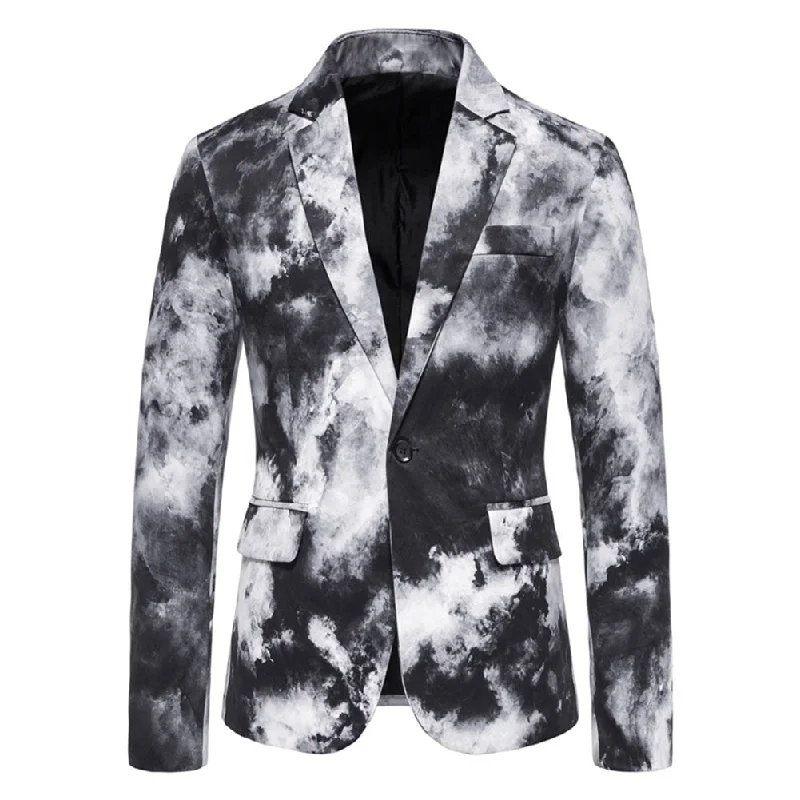 Men's Printed Lapel Collar One Button Blazer Black