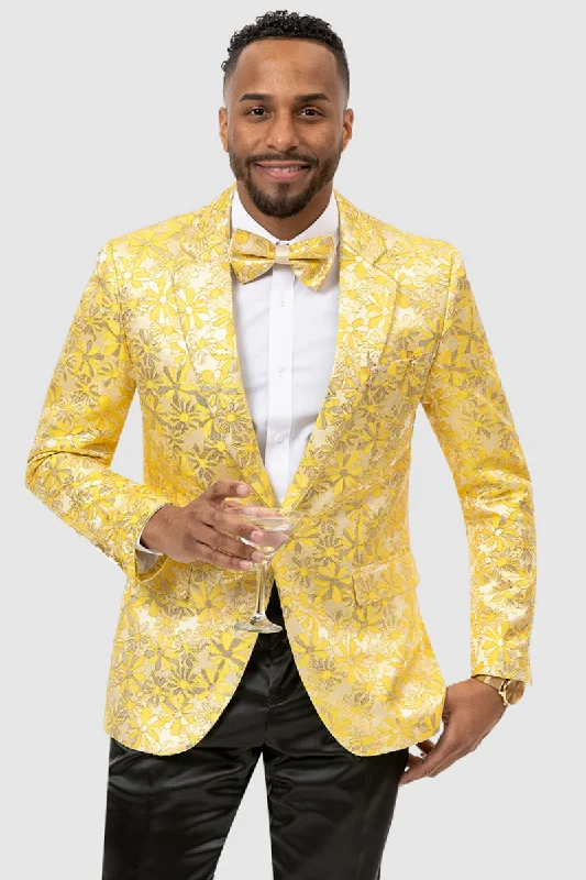 Mens Shiny Floral Print Prom Tuxedo Dinner Jacket in Yellow Gold