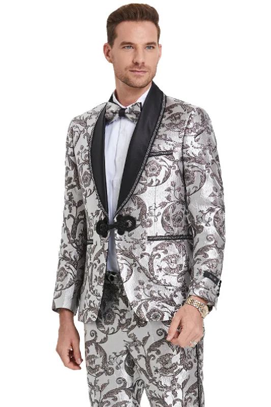 Mens Silver & Black Wedding & Prom Smoking Jacket Tuxedo