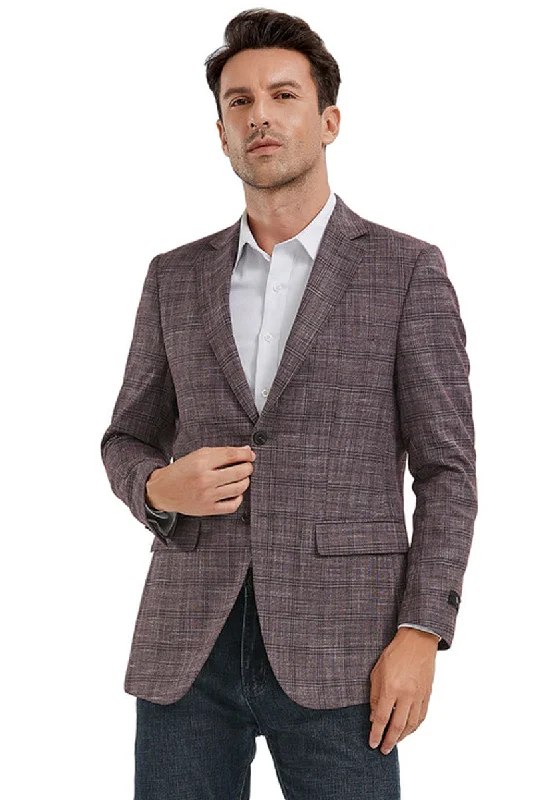 Men's Slim Fit Casual Sport Coat Blazer in Dark Rose Pink Plaid