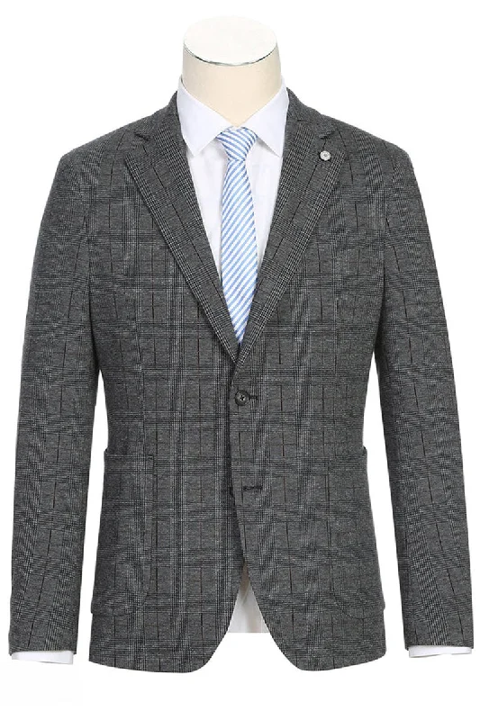 Mens Slim Fit Half Canvas Patch Pocket Summer Cotton Blazer In Charcoal Grey Windowpane Plaid