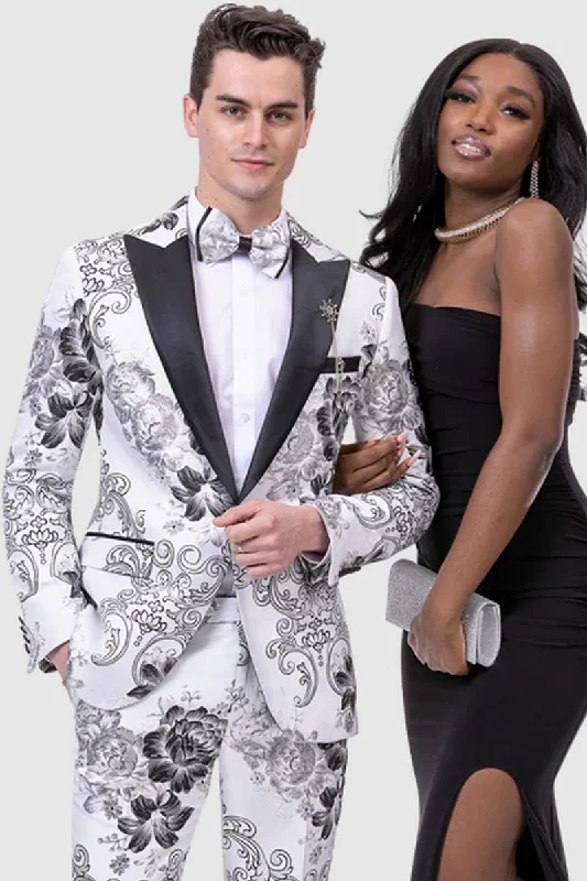 Mens Slim Fit One Button Peak Lapel White & Black Paisley Prom Tuxedo