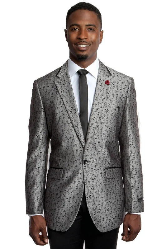 Men's Slim Fit One Button Shiny Tonal Floral Print Blazer in Silver Grey