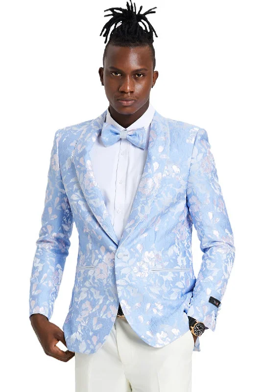 Men's Slim Fit Paisley Foil Print Prom & Wedding Dinner Jacket Blazer in Sky Blue & Silver