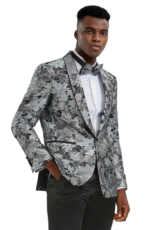 Men's Slim Fit Paisley Prom Tuxedo Jacket in Charcoal & Silver Grey