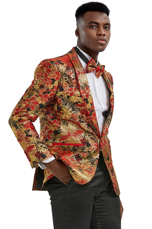 Men's Slim Fit Paisley Prom Tuxedo Jacket in Red & Gold