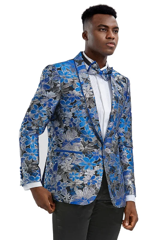 Men's Slim Fit Paisley Prom Tuxedo Jacket in Royal Blue & Black