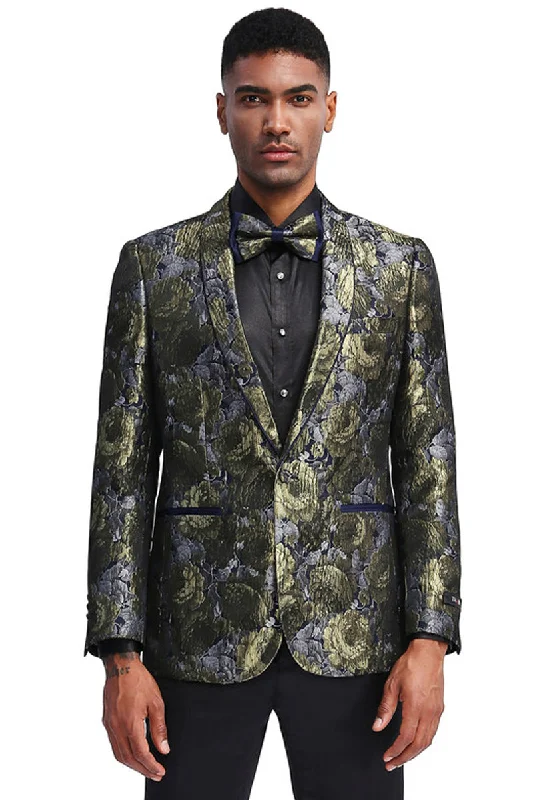 Men's Slim Fit Shiny Metallic Paisley Shawl Prom Dinner Jacket in Silver & Gold