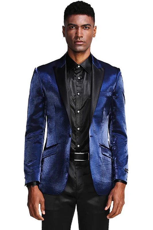 Men's Slim Fit Shiny Satin Prom & Wedding Tuxedo Jacket in Navy Blue