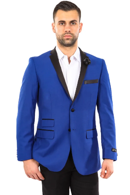 Men's Slim Fit Two Button Notch Lapel Tuxedo Jacket in Indigo Blue & Black