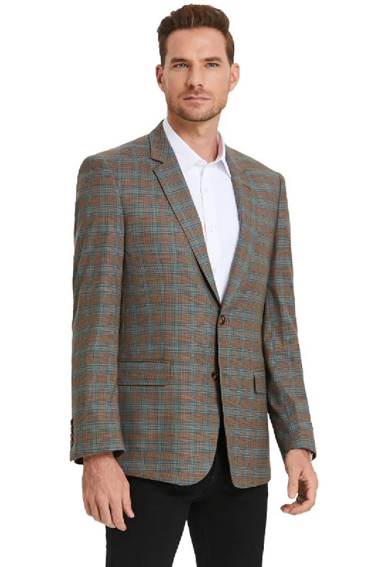 Men's Two Button Business Casual Double Windowpane Sport Coat in Dark Camel Bronze & Teal