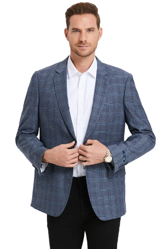 Men's Two Button Business Casual Double Windowpane Sport Coat in Light Blue