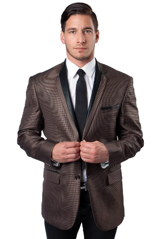 Men's Two Button Houndstooth Tuxedo Blazer with Black Satin Trim in Brown