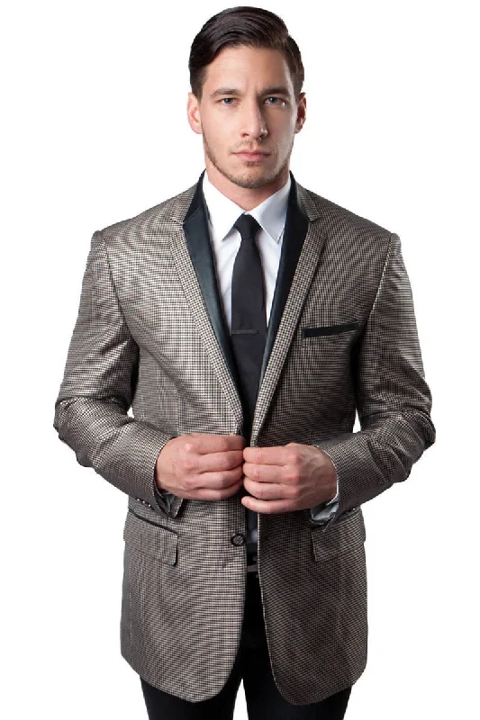 Men's Two Button Houndstooth Tuxedo Blazer with Black Satin Trim in Tan