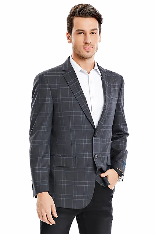 Men's Two Button Regular Fit Double Windowpane Plaid Blazer in Charcoal Grey