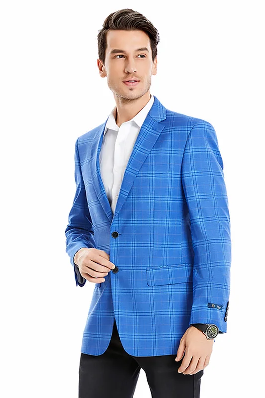 Men's Two Button Regular Fit Double Windowpane Plaid Blazer in Light Blue