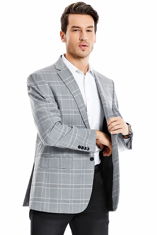 Men's Two Button Regular Fit Double Windowpane Plaid Blazer in Light Grey