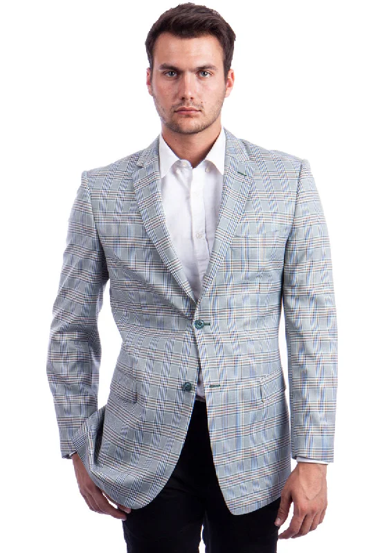 Men's Two Button Regular Fit Sport Coat in Blue & Tan Windowpane Plaid