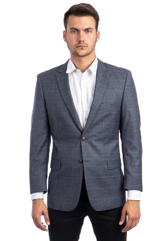 Men's Two Button Regular Fit Sport Coat in Charcoal Grey with Blue & Pink Windowpane Plaid